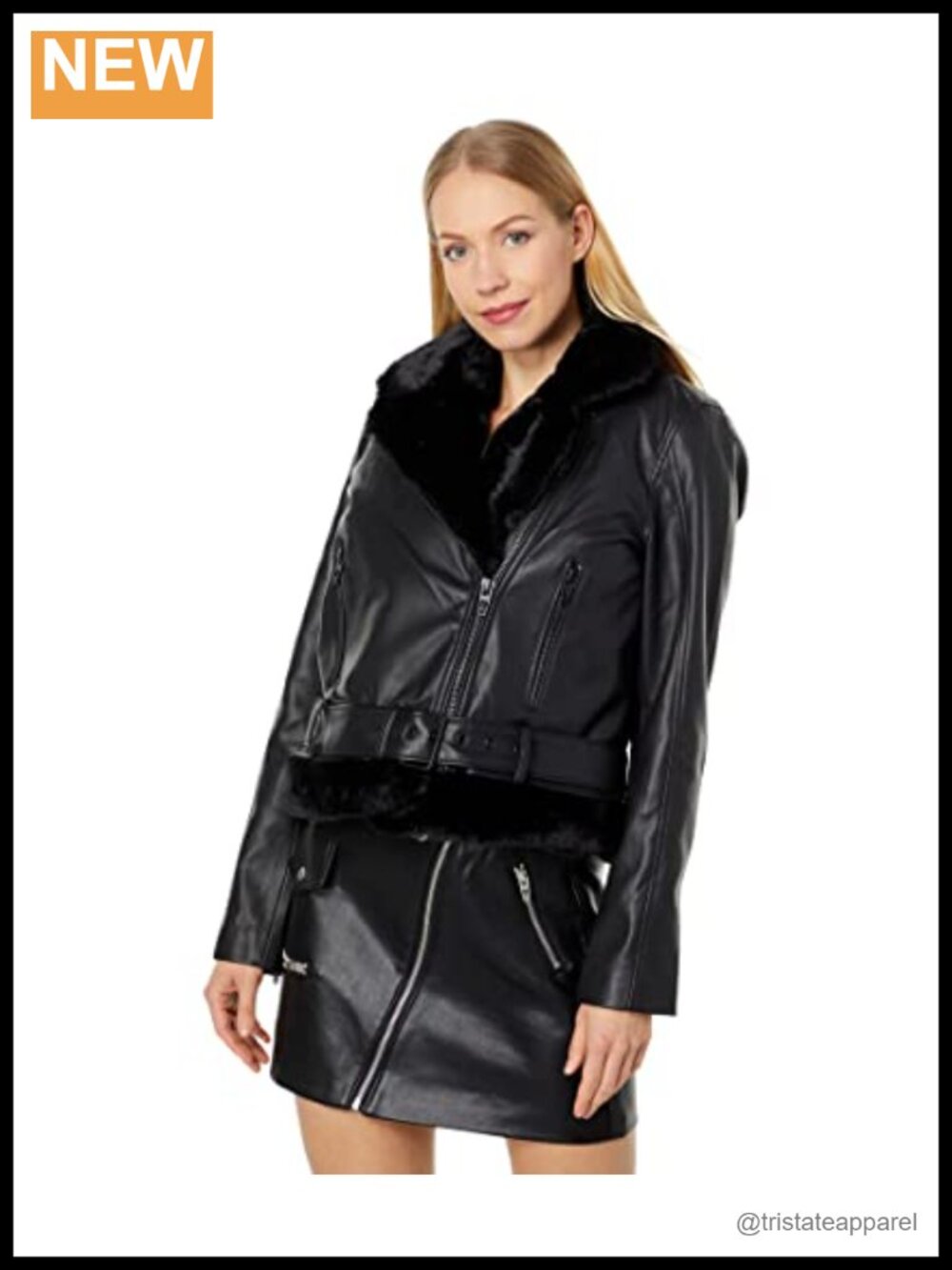 Vegan Leather Moto Jacket With Fur Trim - Faux Fur Coat